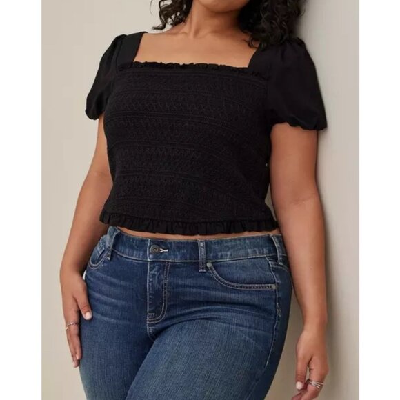 Torrid Womens Plus Size 2 Smocked Black Square Neck Puff Sleeve Top Stretchy & L - Picture 1 of 13